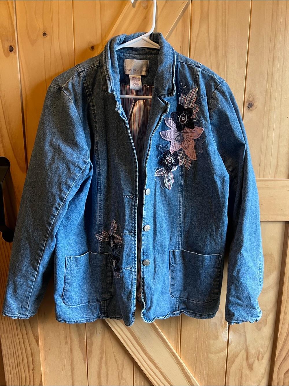 Susan Graver Blue Denim Satin Lined Jacket with Floral Appliqué Size M Boho Chic